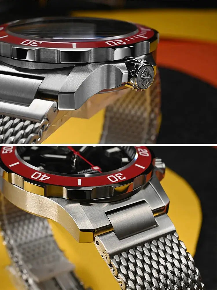San Martin diver watch with red bezel, stainless steel case and Milanese mesh bracelet