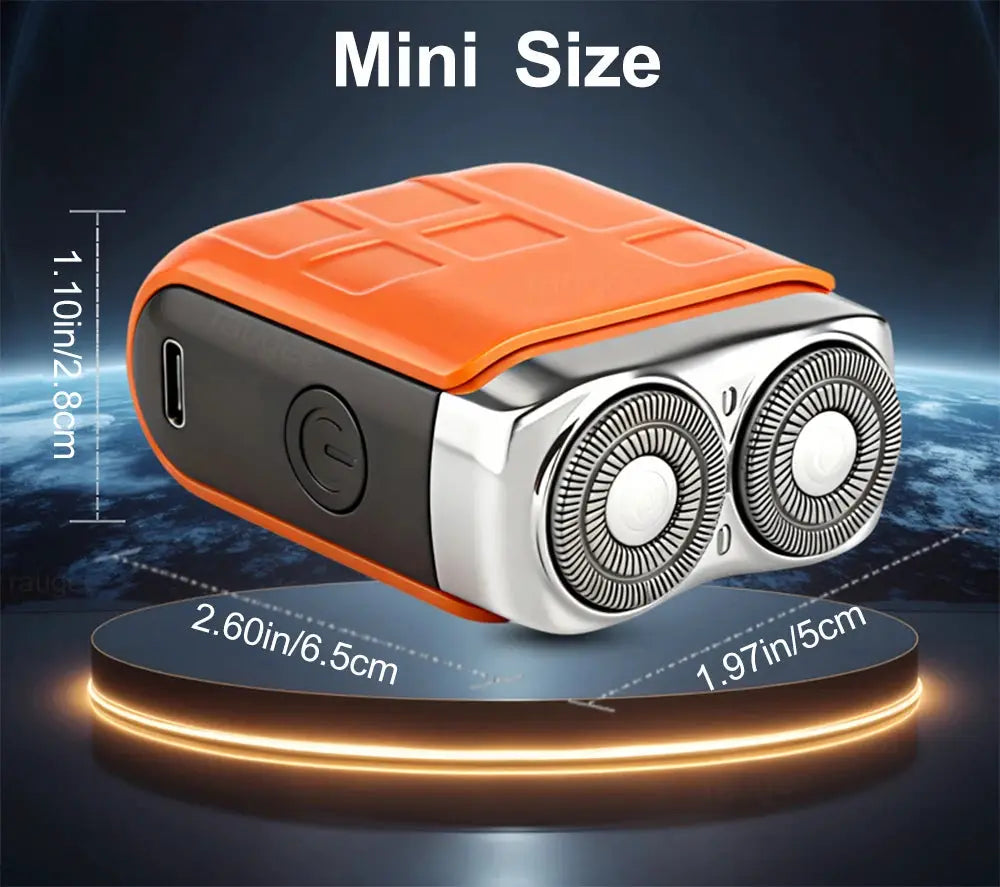 Simples Market mini electric shaver for men with orange body and dual rotary blades, rechargeable beard trimmer.