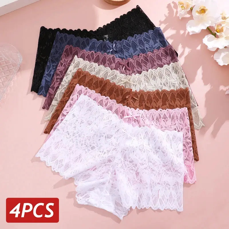 4PCS women's floral lace panties set in assorted colors with V-waist for breathable comfort