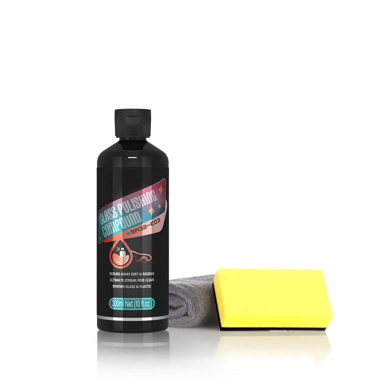 Simples Market glass polishing compound bottle with label, 300ml, shown with a yellow sponge and gray cloth.