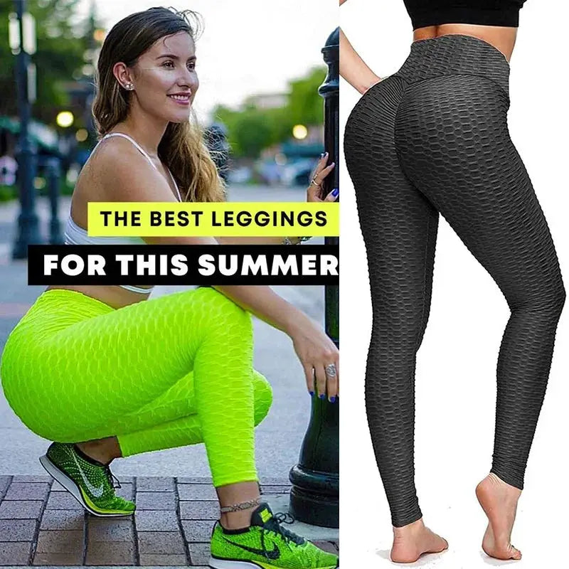 Push Up leggings; neon yellow honeycomb textured pair and black high-waist textured leggings (two shown)