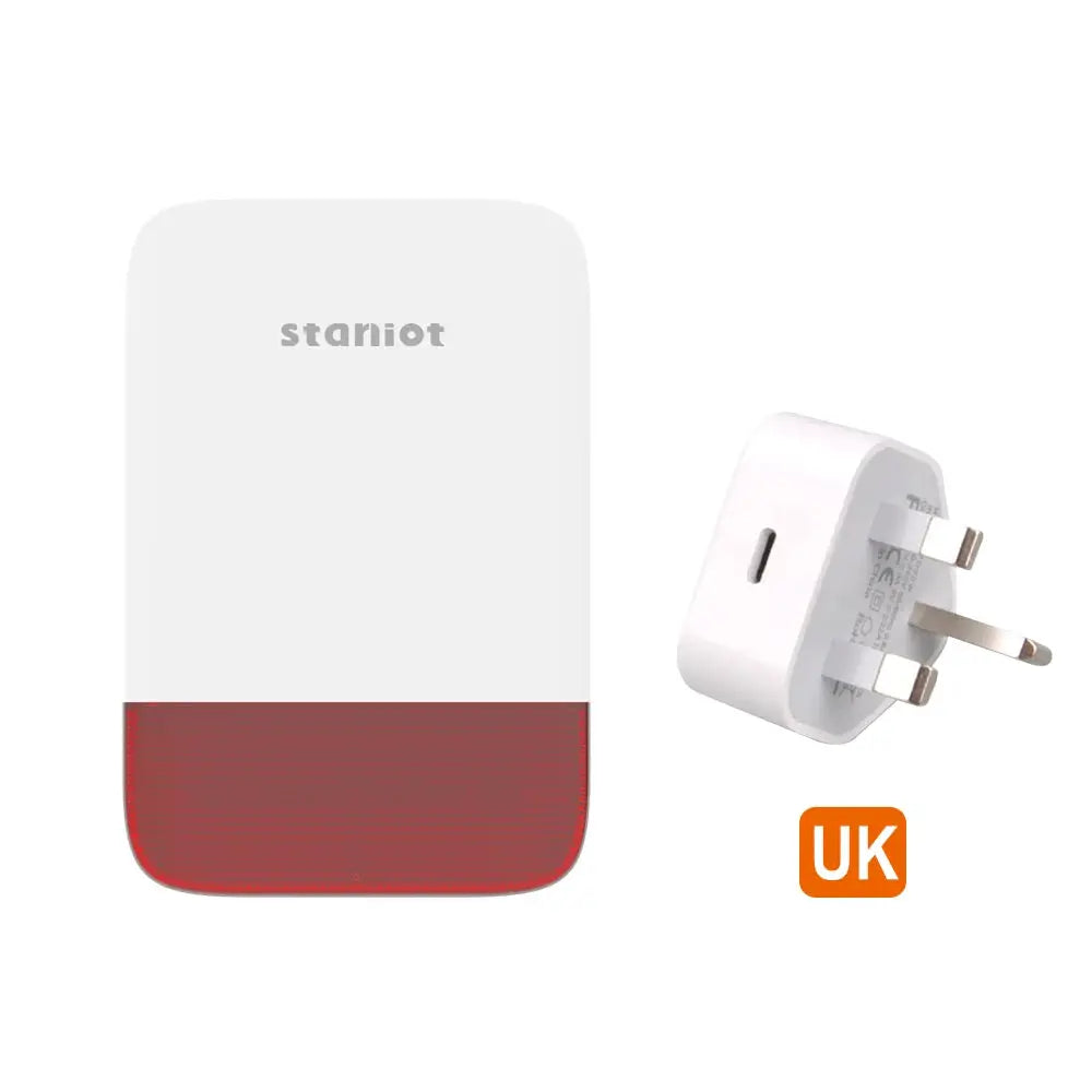 Staniot wireless strobe siren, white with red base, UK plug adapter