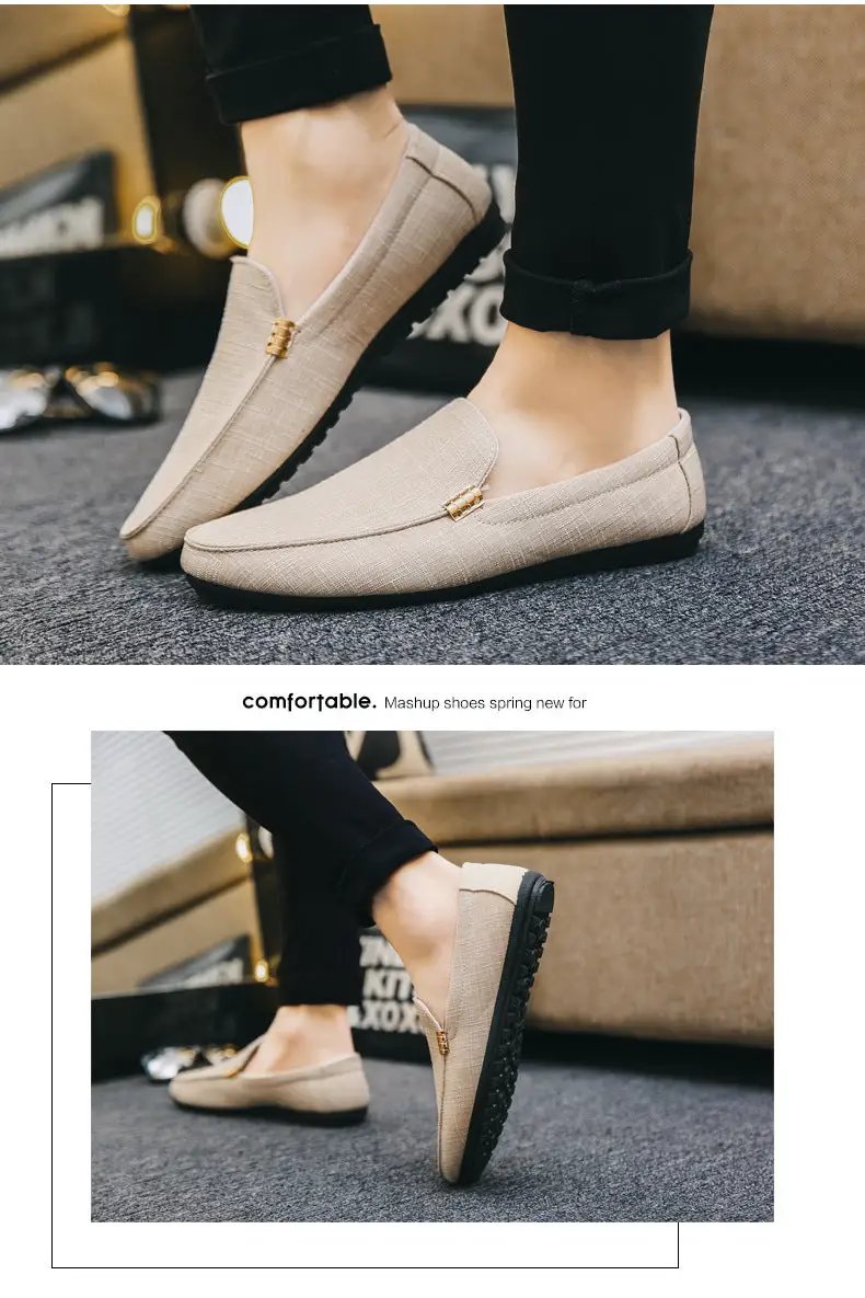 Men beige canvas slip-on loafers with black rubber sole and gold-tone accent