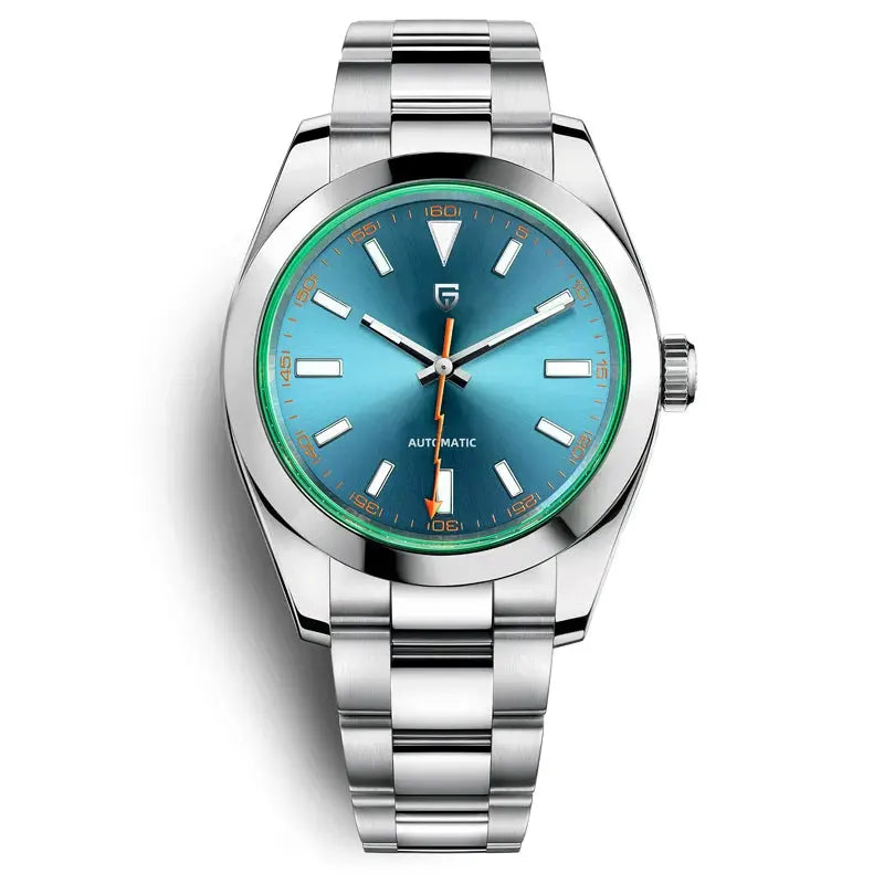 Pagani Design men's automatic wristwatch with blue dial, green ring, AR sapphire crystal, stainless steel bracelet
