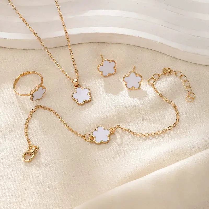 Lucky Clover Five Petal Necklace Earrings Ring Bracelet Set For Women Fashion Accessories Party Jewelry