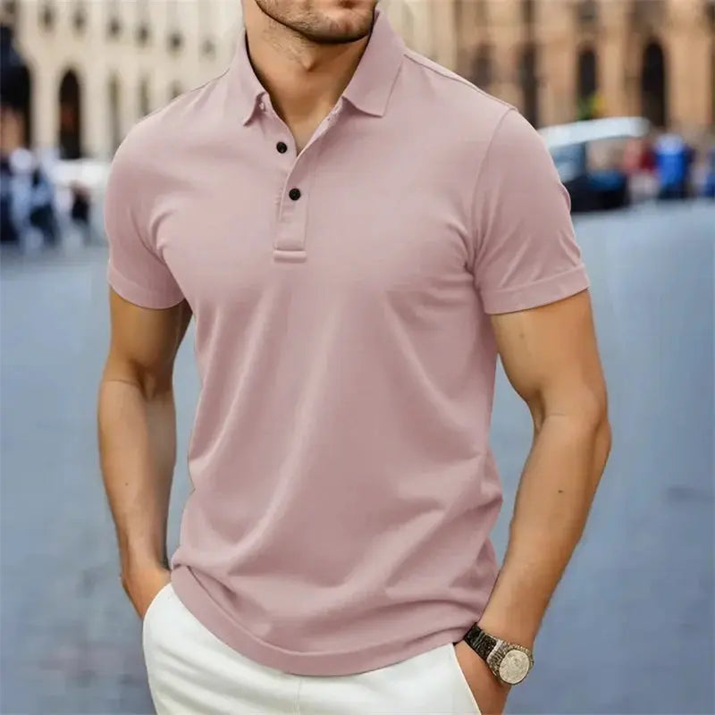 Men's pink polo shirt by Simples Market, short sleeves, collared, breathable casual top.