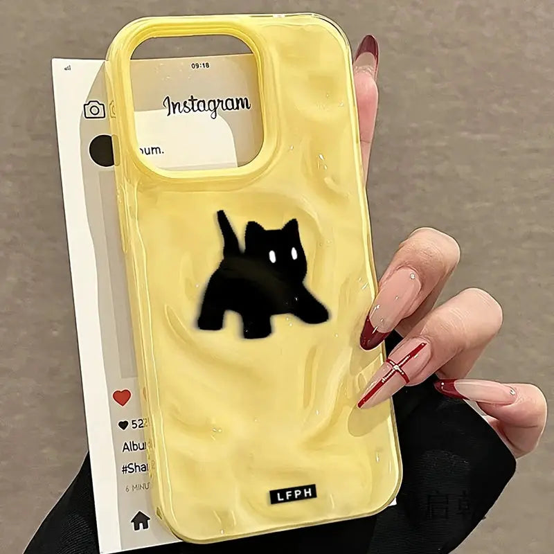 iPhone case with cute black fuzzy cat, shockproof design in yellow candy color with wave pattern