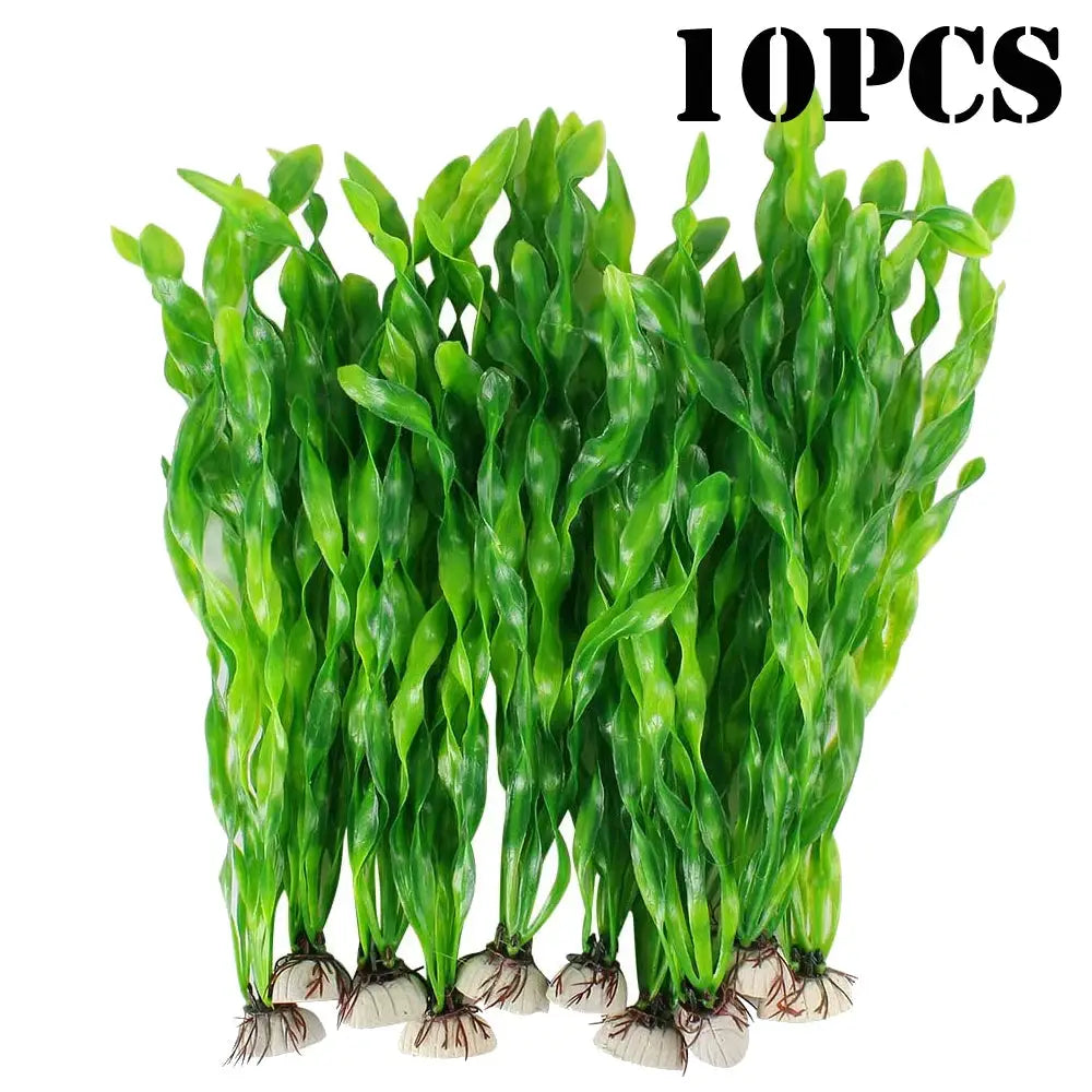 Five Or Ten Pieces Plastic Aquarium Plants Set For Fish Tank Decorations Artificial Seaweed And Water Grass Ceramic Base
