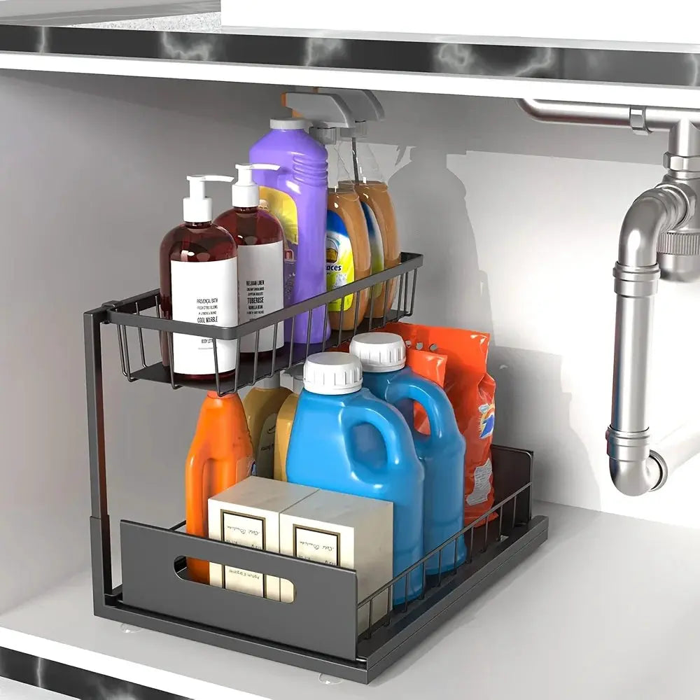 2 Tier Sliding Under Sink Organizer Metal Storage For Kitchen And Bathroom Cabinets Rustproof Cleaning Supplies
