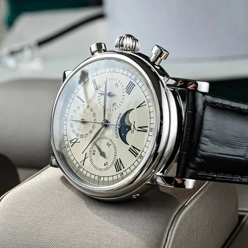 Sugess men's watch ST1908 mechanical chronograph with moonphase calendar, black leather strap, stainless steel case