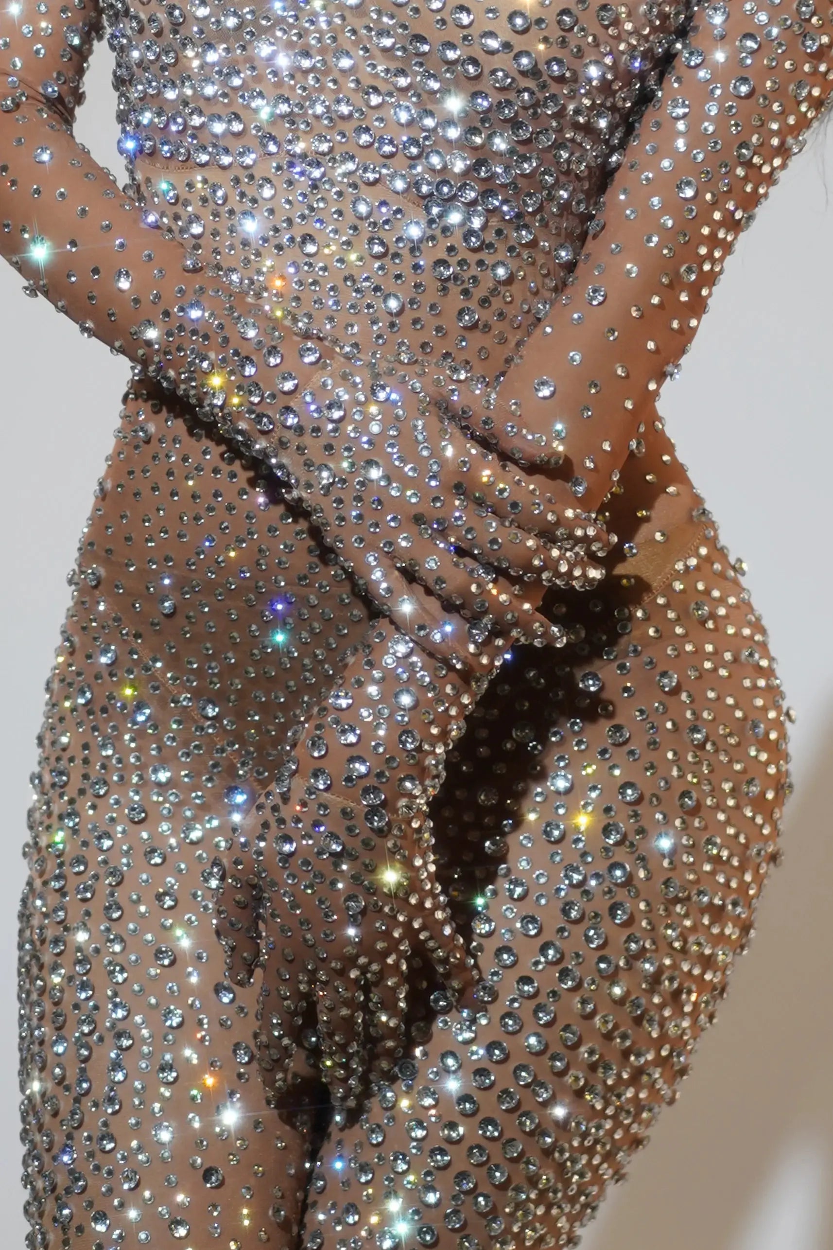 Simples Market sparkly rhinestone jumpsuit for women; nude mesh, dance performance outfit