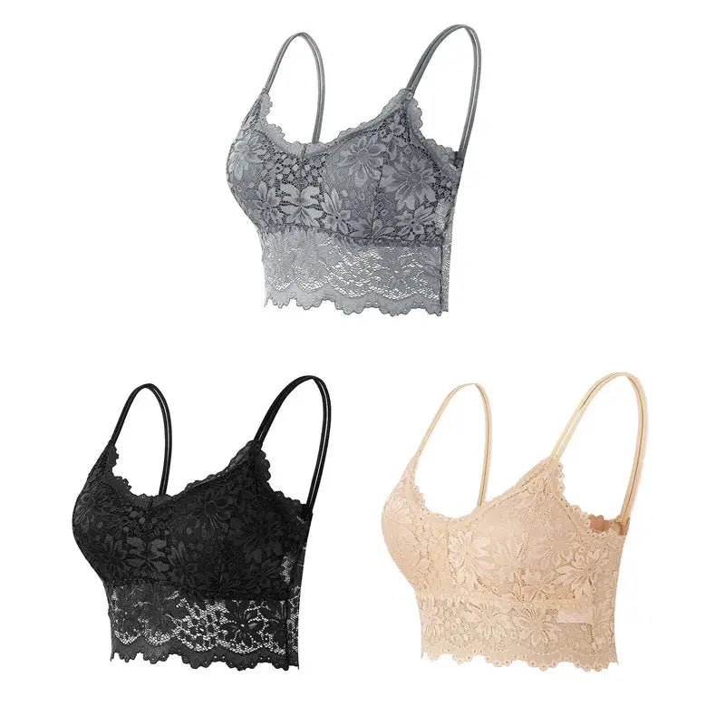 3-pack lace bralettes in gray, black, and beige with floral lace, wireless seamless design by Simples Market
