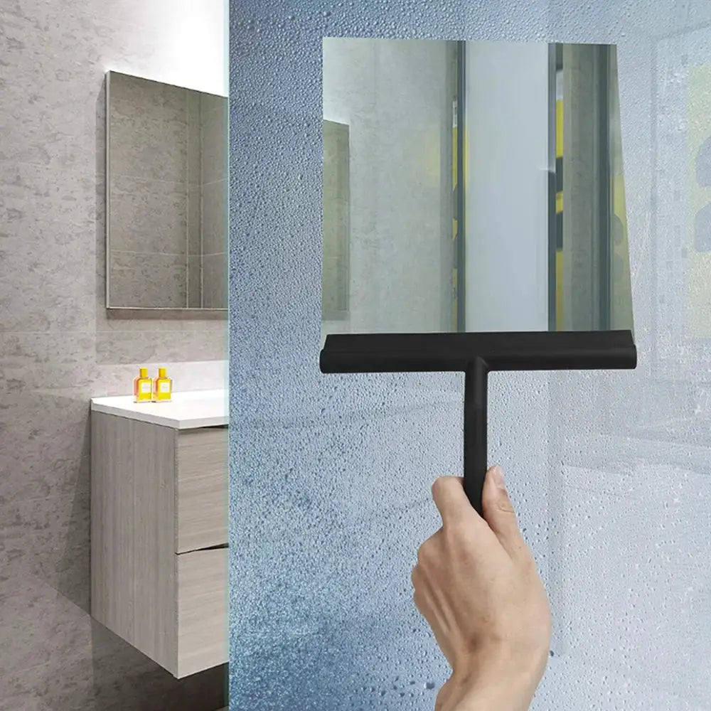 Shower squeegee with silicone holder, black handheld glass door cleaner for bathroom mirrors and shower walls