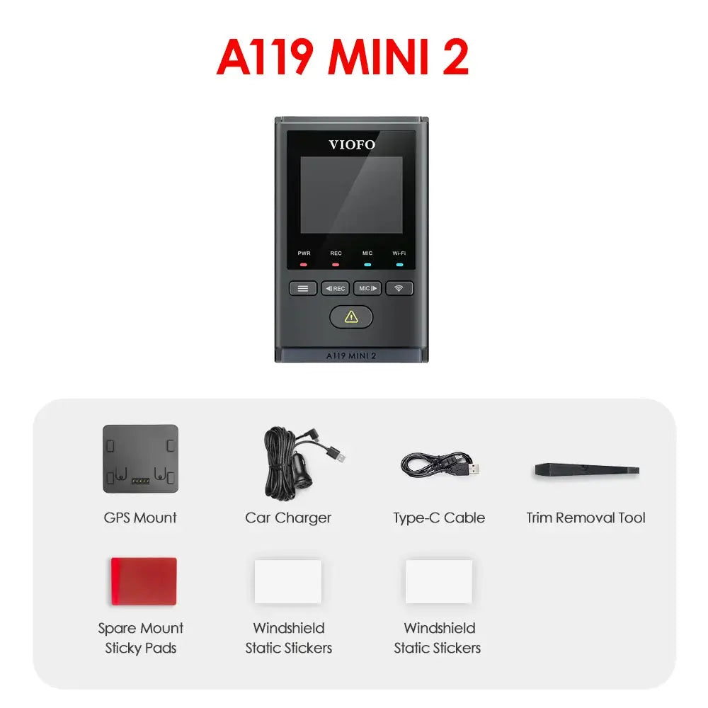 VIOFO A119MINI-2 dash cam, black with 7 accessories including GPS mount and Type-C cable