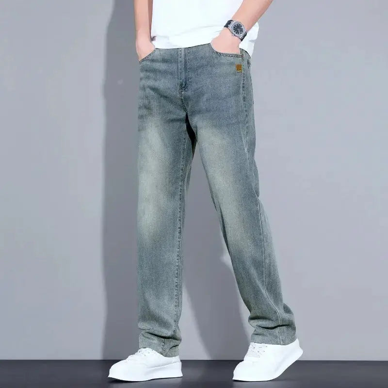 Men's Lyocell Ice Silk Jeans by Simples Market, light-wash straight casual trousers with faded front and small logo tag