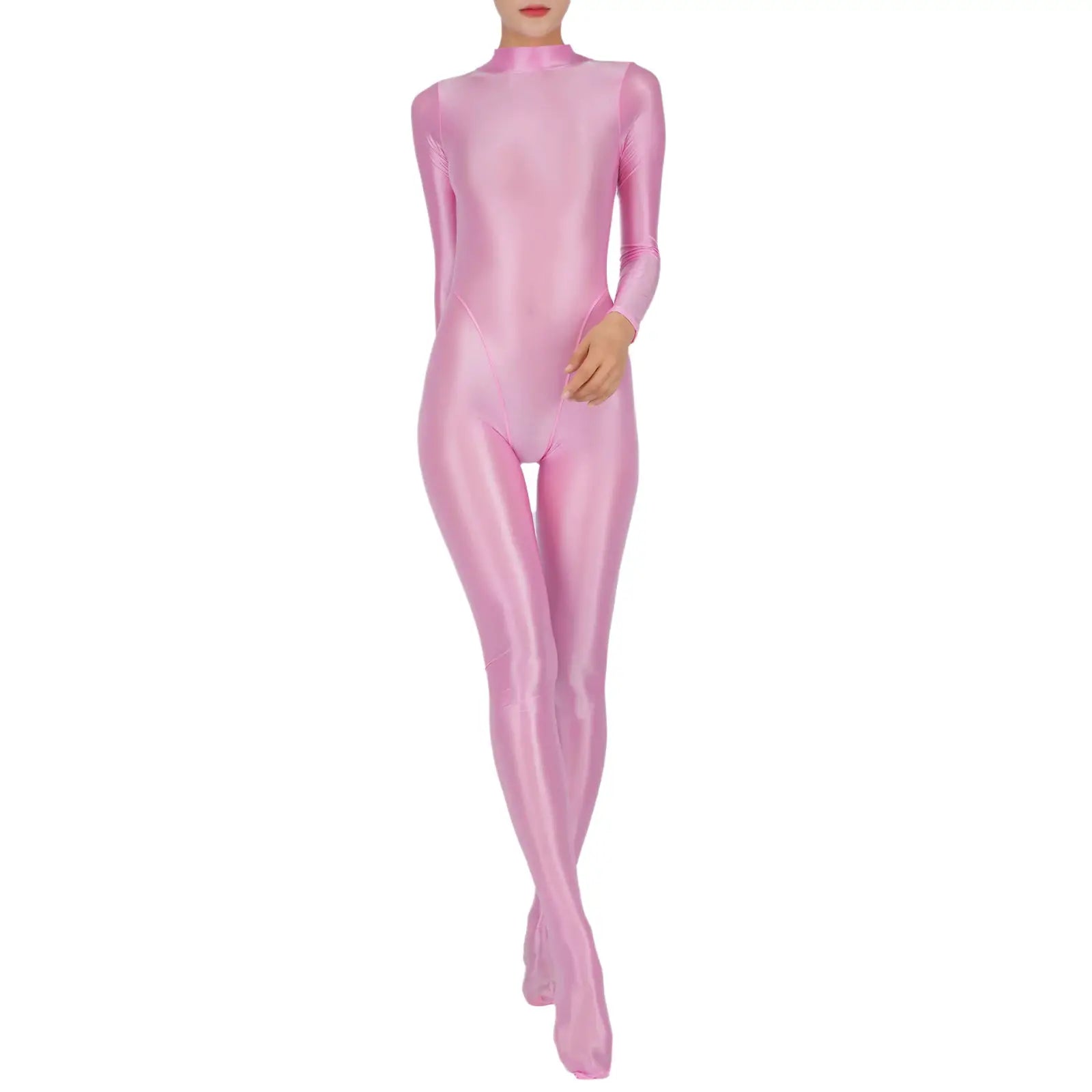 Women's pink metallic full-body jumpsuit with long sleeves and footed legs