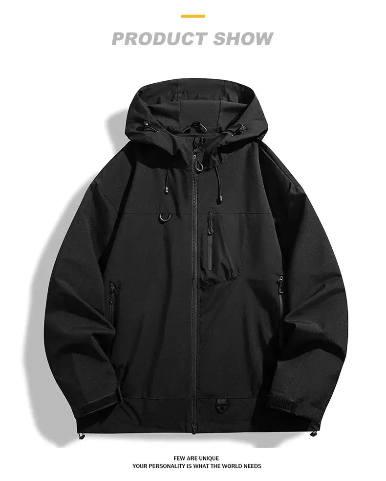 LNGXO waterproof hiking jacket, black, unisex windproof rain coat with hood and full-front zipper.