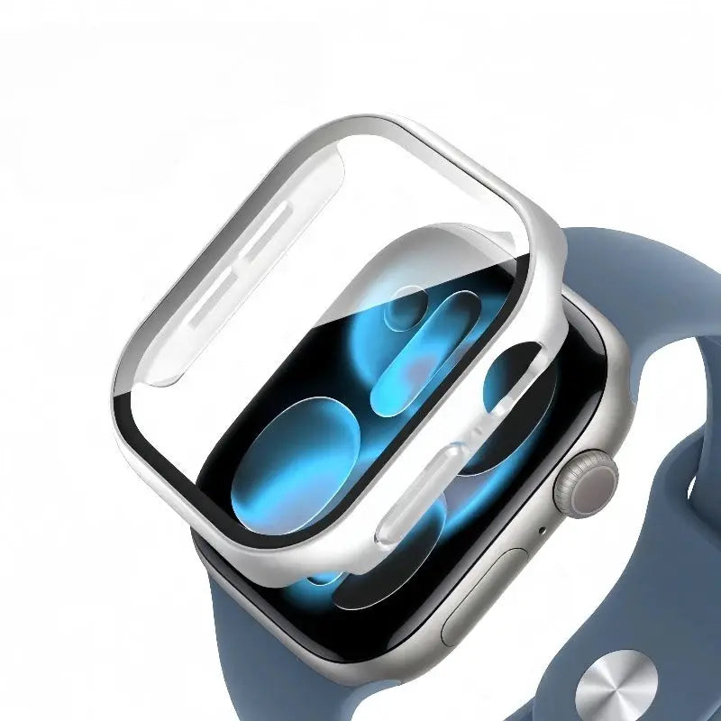 Tempered glass case for Apple Watch 38-46mm with clear bumper and silver frame on blue strap.