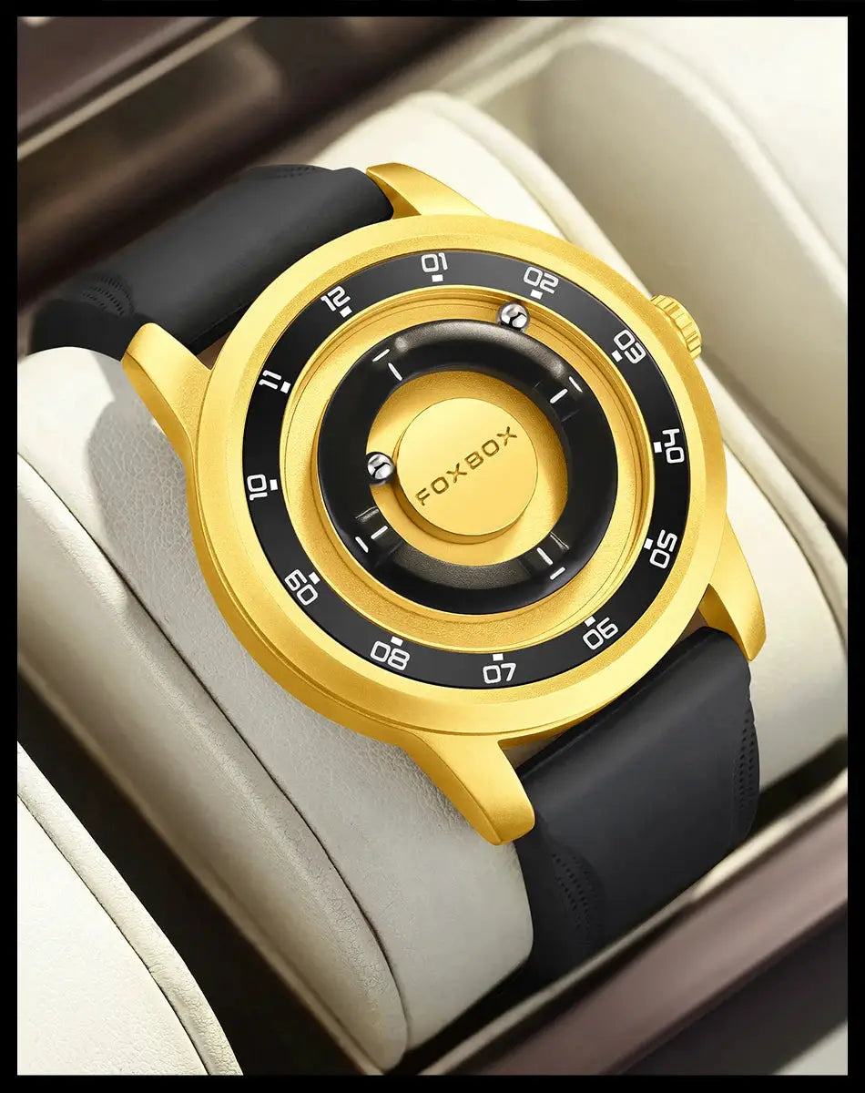 FOXBOX men's watch; gold-tone case, black silicone strap