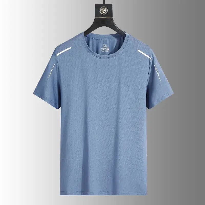 Men's blue quick-dry running T-shirt, short-sleeve, breathable mesh fabric.