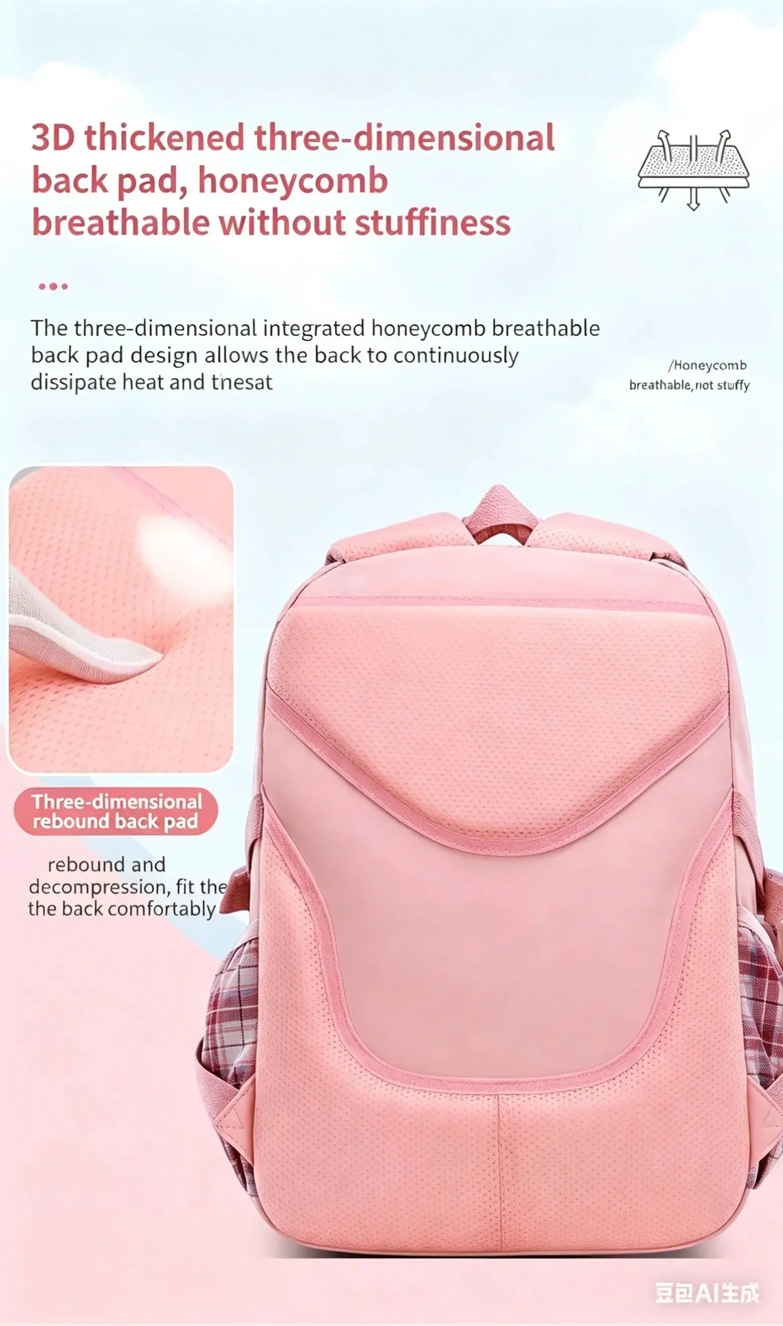 Backpack pink for girls by Simples Market with breathable honeycomb back pad, large capacity, lightweight and waterproof.