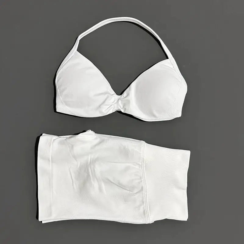 Histello 2 Piece Women Yoga Set Strappy Bra Top Scrunch Shorts