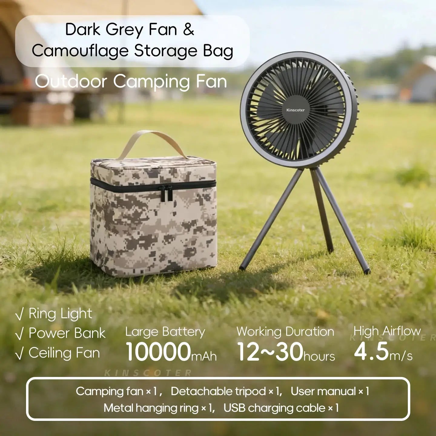 Camping fan on a tripod in dark grey with camouflage storage bag; Kinscoter 10000mAh battery.