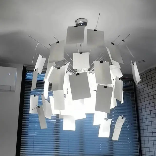 Paper chandelier with white rectangular cards hanging from a central light; LED E27 designer lighting