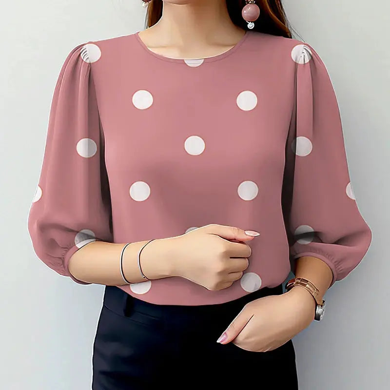 Polka Dot Blouse For Women ZANZEA O Neck Three Quarter Sleeve Top