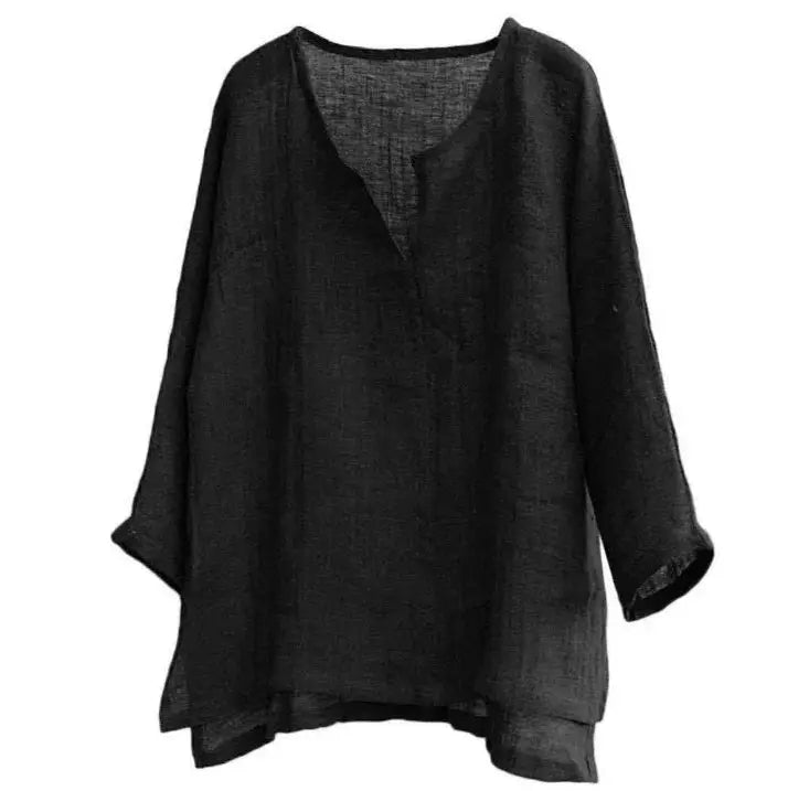 Men's black linen long-sleeve shirt with V-neck, loose-fit casual top