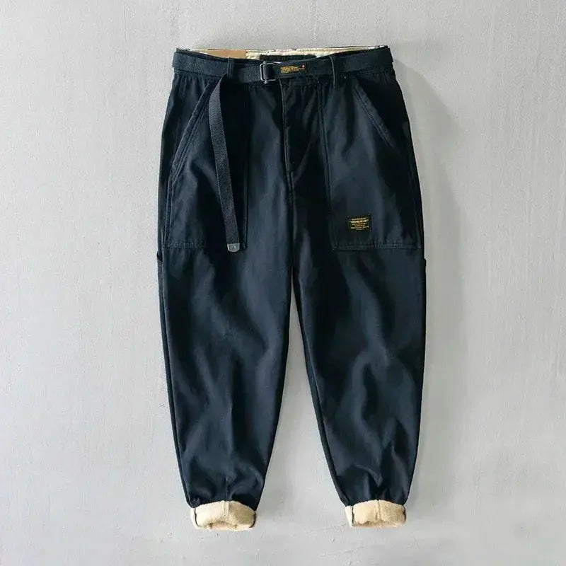 HIQOR men's winter cargo pants in dark navy, fleece-lined cotton with belt and cuffed hems