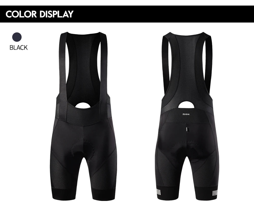 RION cycling bib shorts for men, black with mesh back, slim-fit MTB shorts
