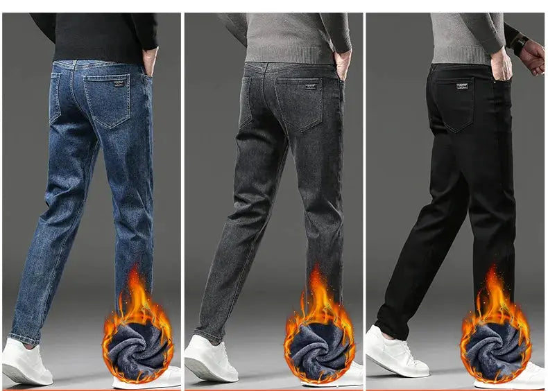 Simples Market men's winter fleece jeans; 3-pair display in blue, gray, black, slim straight fit, plush lining.