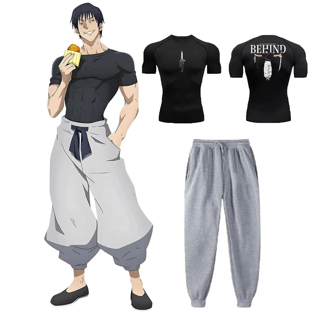 Toji Jujutsu Kaisen compression shirt set: two black quick-dry tees and gray sweatpants, unisex