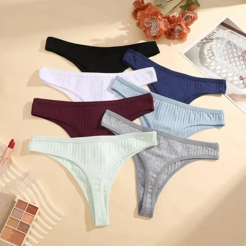 8-piece cotton seamless thong set for women in solid colors, breathable, low-rise