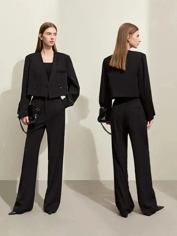 AMII Minimalism black two-piece women's blazer and wide-leg pants set for office wear.
