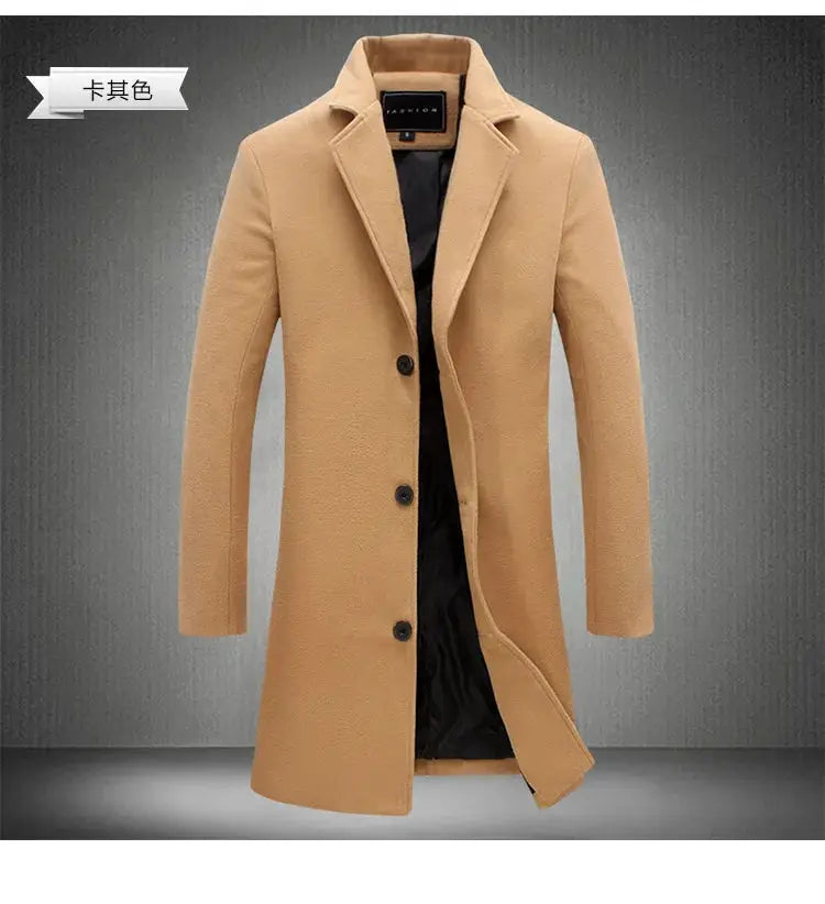 Simples Market khaki men's wool overcoat with lapel collar, mid-length, single-breasted trench coat.
