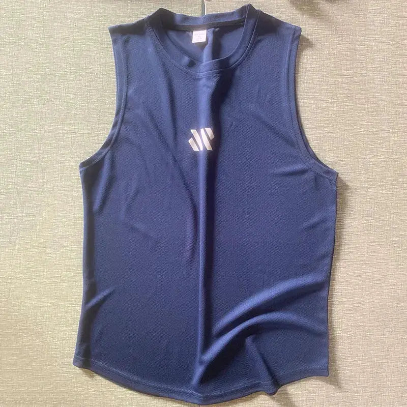 Men's navy blue bodybuilding tank top by Simples Market with white chest logo