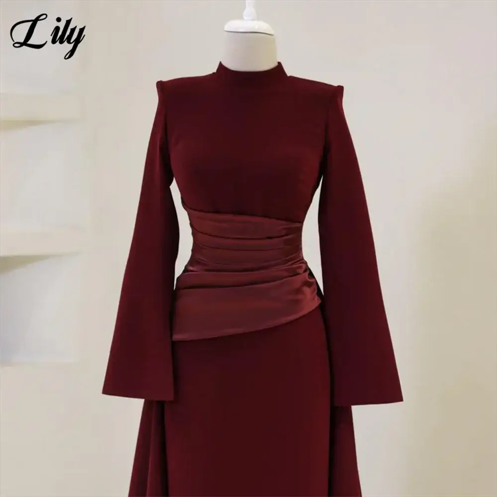Lily Burgundy Satin Mermaid Prom Dress With High Neck Sleeves Dubai
