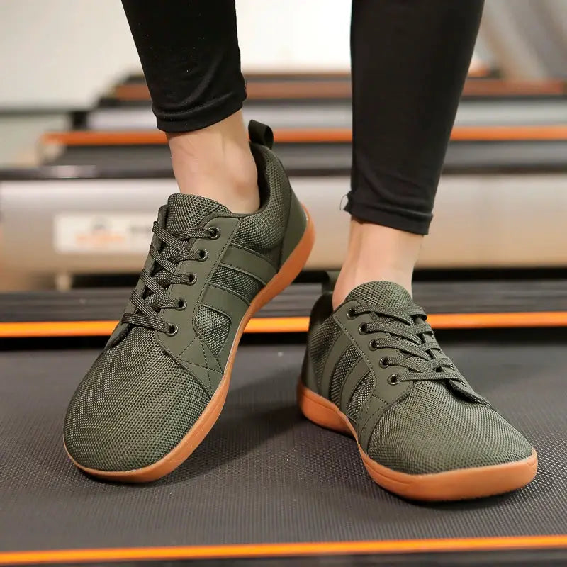 Wide-toed Simples Market casual sports shoes, olive green mesh upper with tan gum sole, pair
