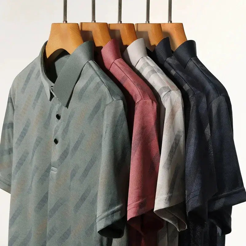 Men's polo shirts set of six with diagonal striped print in muted green, gray, burgundy, beige, and navy