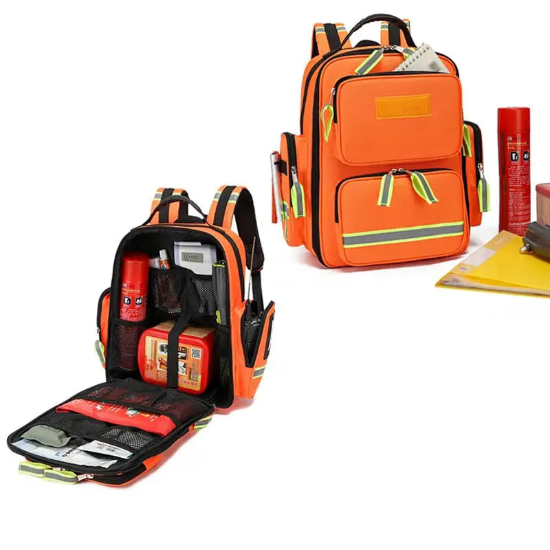 Emergency Rescue First Aid Backpack in bright orange, showcasing organized compartments for medical supplies and durable materials.