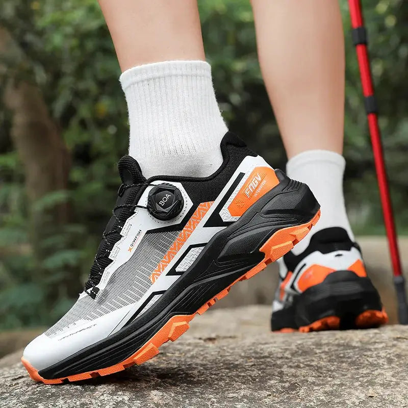 Men's running sneakers by Simples Market, white/black/orange breathable trainer with BOA dial