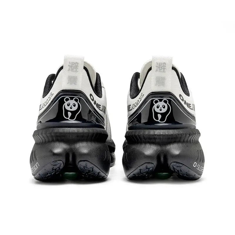 ONEMIX running shoes pair, white and black with panda heel logo, cushioned sole, back view