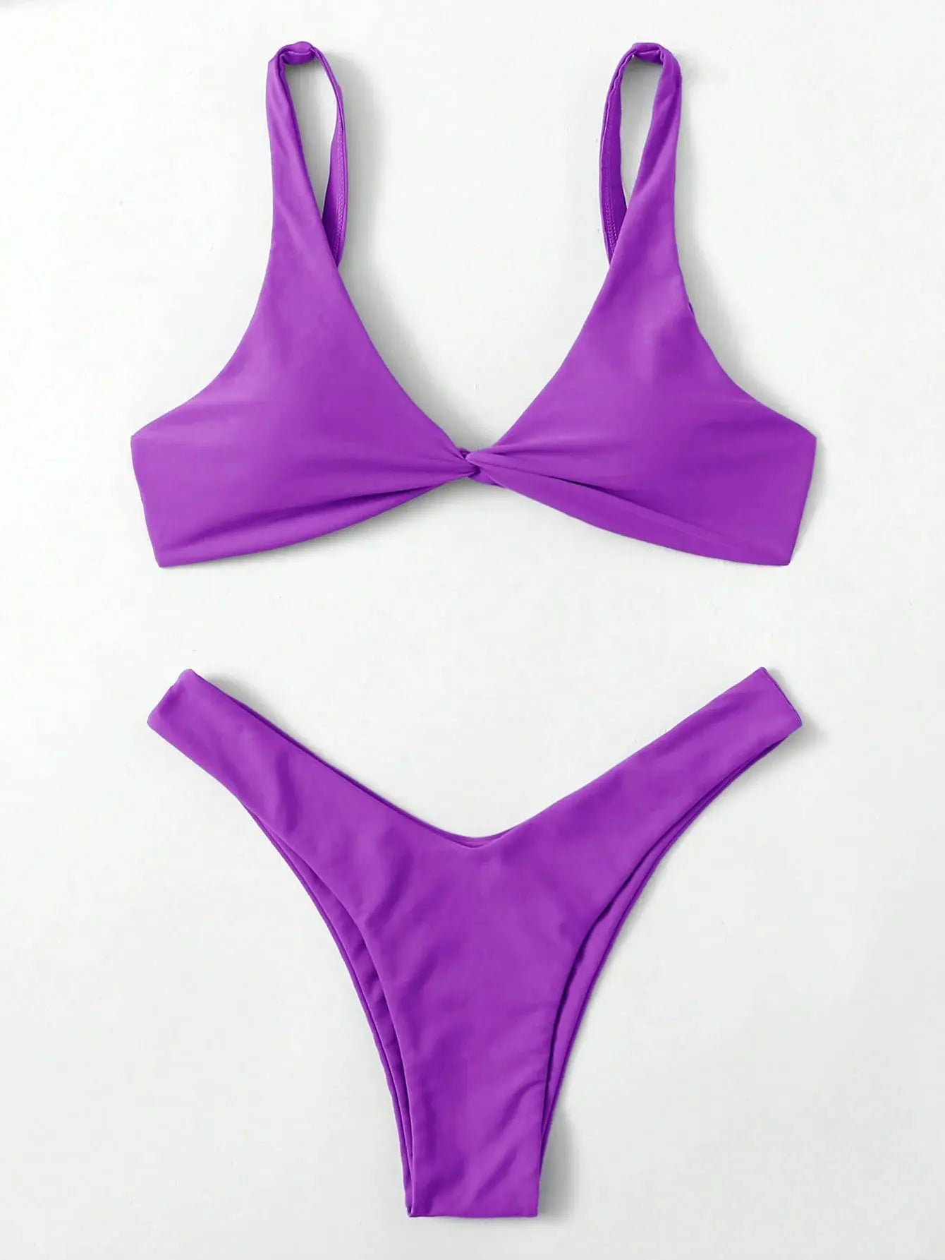 Purple two-piece bikini set with twist-front top and high-leg bottom