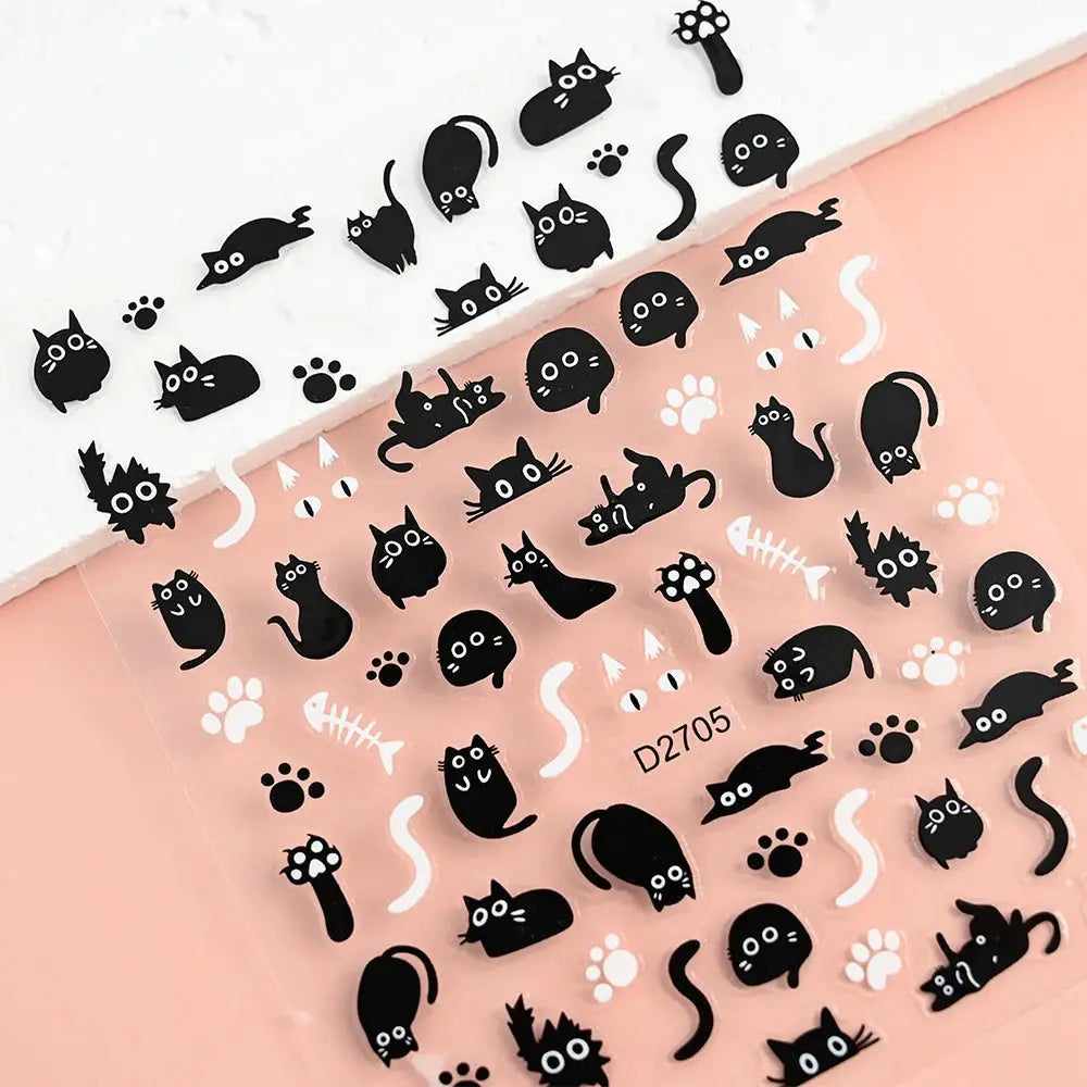 Simples Market 12-sheet cartoon black cat nail stickers set with paw prints and bones