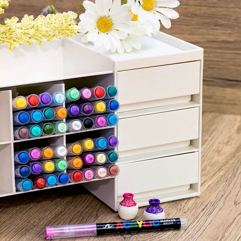 Simples Market acrylic marker pen set with 12–120 colors and soft brush nibs in a white storage organizer