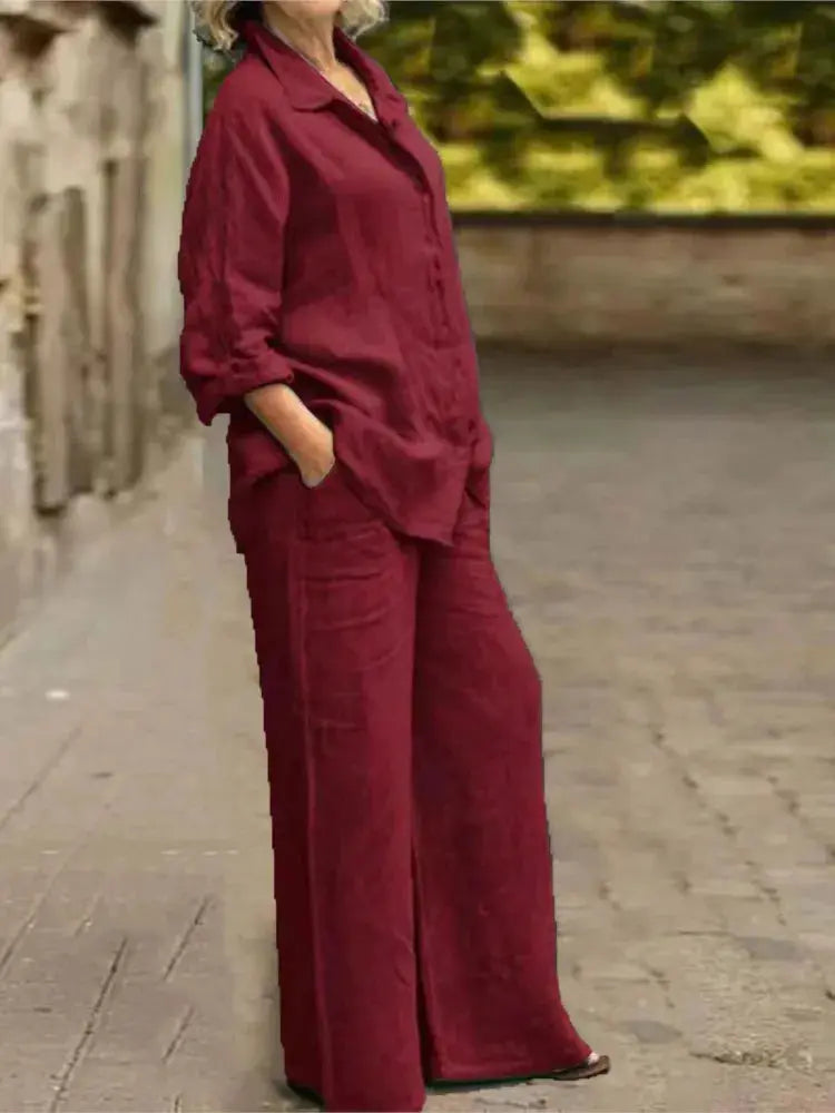Cotton Linen Shirt Two Piece Set For Women With Wide Leg Trousers