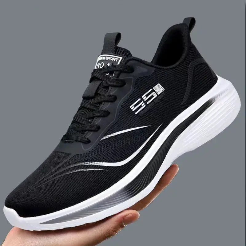 Simples Market men's running shoes, black knit upper with white chunky sole and curved white accents
