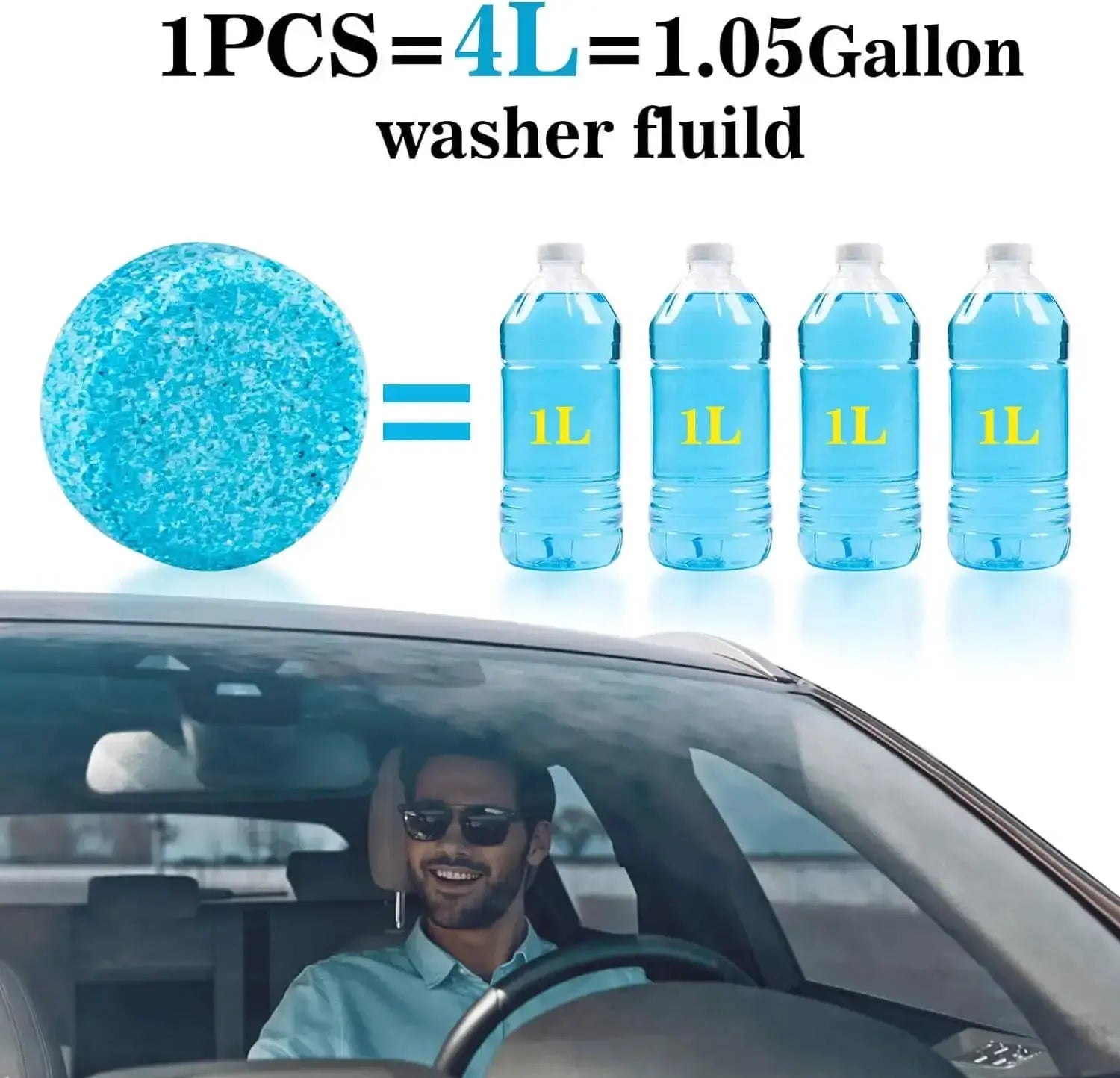 Windshield washer fluid tablets by Simples Market with 4x1L blue washer fluid bottles